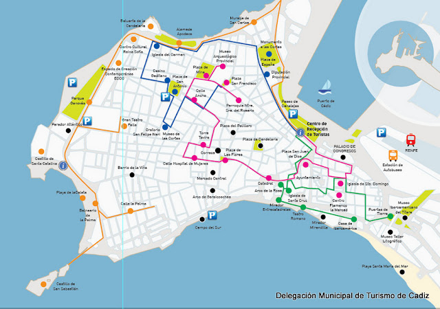 Mapa dos itinerários históricos de Cádiz, Andaluzia