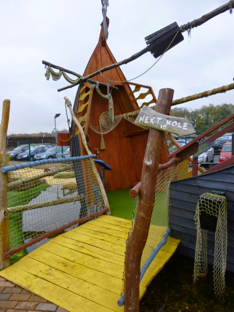 The pirate ship at Pirate Island Adventure Golf course in Woking has two holes and three tee-off points Pirate Island Adventure Golf course at Hoebridge Golf Centre in Woking, Surrey