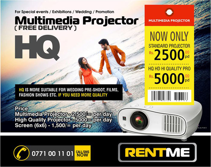 We have one of the best HQ Projectors to show your wedding pre-shoots.  Wide range of Multimedia Projector for Rent.  HQ is more suitable for wedding pre-shoot, films, fashion shows etc. If you need more quality.  Price Multimedia Projector - 2,500/= per day High quality Projector - 5,000/= per day  Screen (6x6) - 1,500/= per day  Requirements Rent for the required period Official request letter if a organization ID Copy of the carrying person  Special rates for long term rents Call or SMS 0771 00 11 01