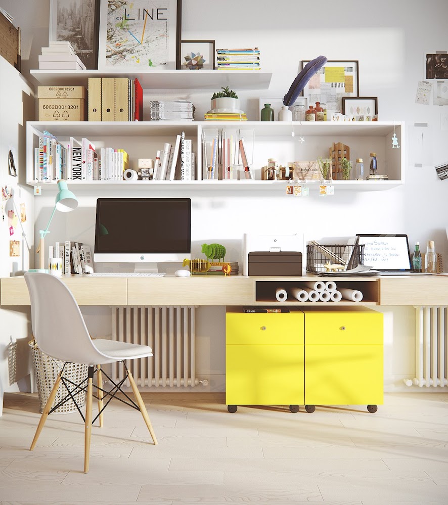 modern-office-white-chair-yellow-file-cabinets