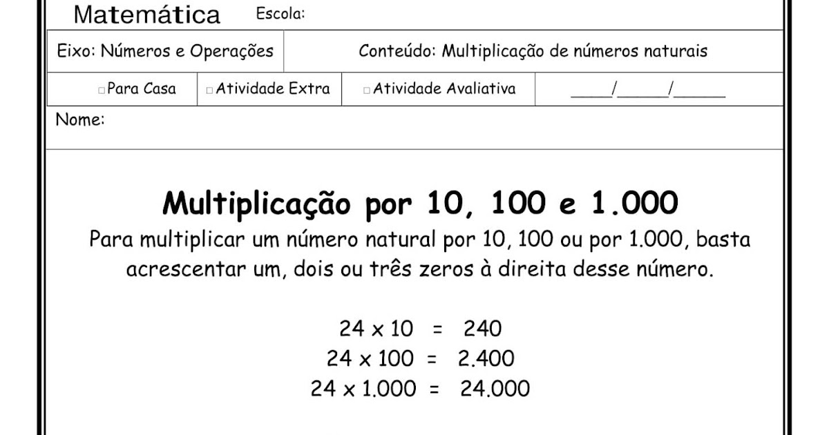 EnsiNanddo: Matemática - Multiplicação por 10, 100 e 1000
