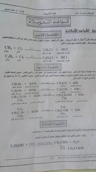 بالصور.. قواعد تحويلات الكيمياء العضوية للصف الثالث الثانوي 11 ورقة فقط 1