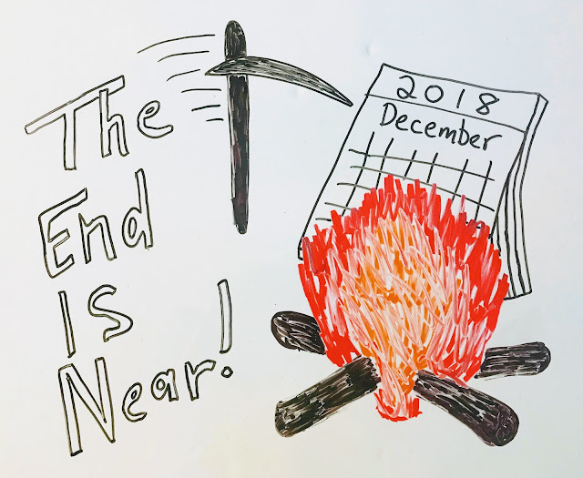 Graham Sedam, blog, thoughts, life, interests, writing, New Year, New Year's, Resolutions, Resolve, 2018, The End Is Near, calendar, scythe, hand-drawn pictures, goals, daily habits, exercise, health, healthy, run, running  