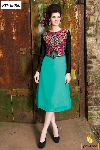 Latest Modern Style College Girls Wear Turquoise Georgette Anarkali Kurtis Tunics and Tops Online Shopping with Lowest Prices