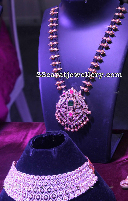 Black Rope Necklace Diamond Locket Jewellery Designs