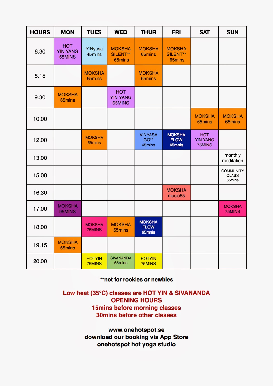 ONEhotSPOT HOT YOGA STUDIO SPRING SCHEDULE EFFECTIVE FROM THE 10th of