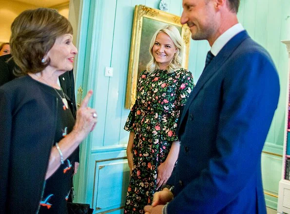 Crown Princess Mette-Marit wore ERDEM Aleena floral-print matelasse dress. Oslo Business for Peace Award 2017 at Skaugum