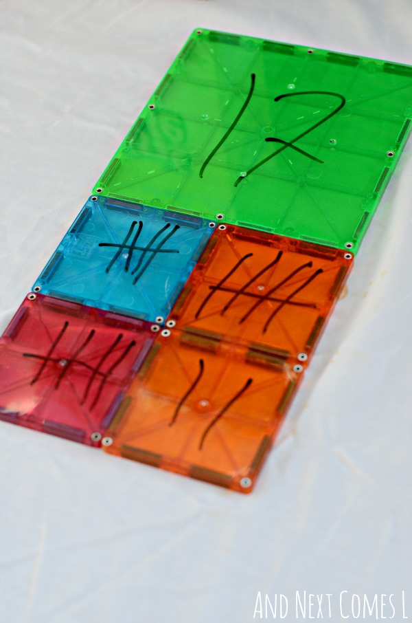 Counting tally marks on Magna-Tiles from And Next Comes L