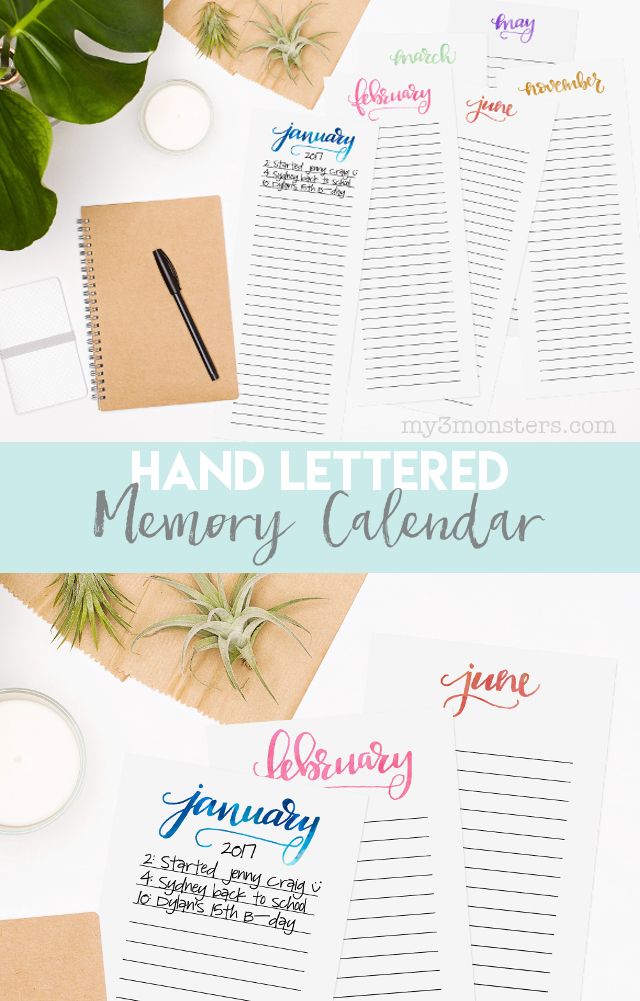 Printable calendar Download this darling printable Hand Lettered Memory Calendar from / and start recording all your special memories and happy moments this year!