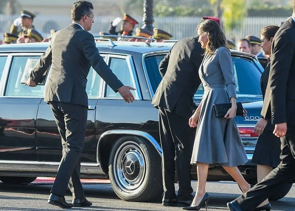 The King of Morocco and Royal family members with a state ceremony held at the Royal Palace. Princess Lalla Salma. Massimo Dutti dress