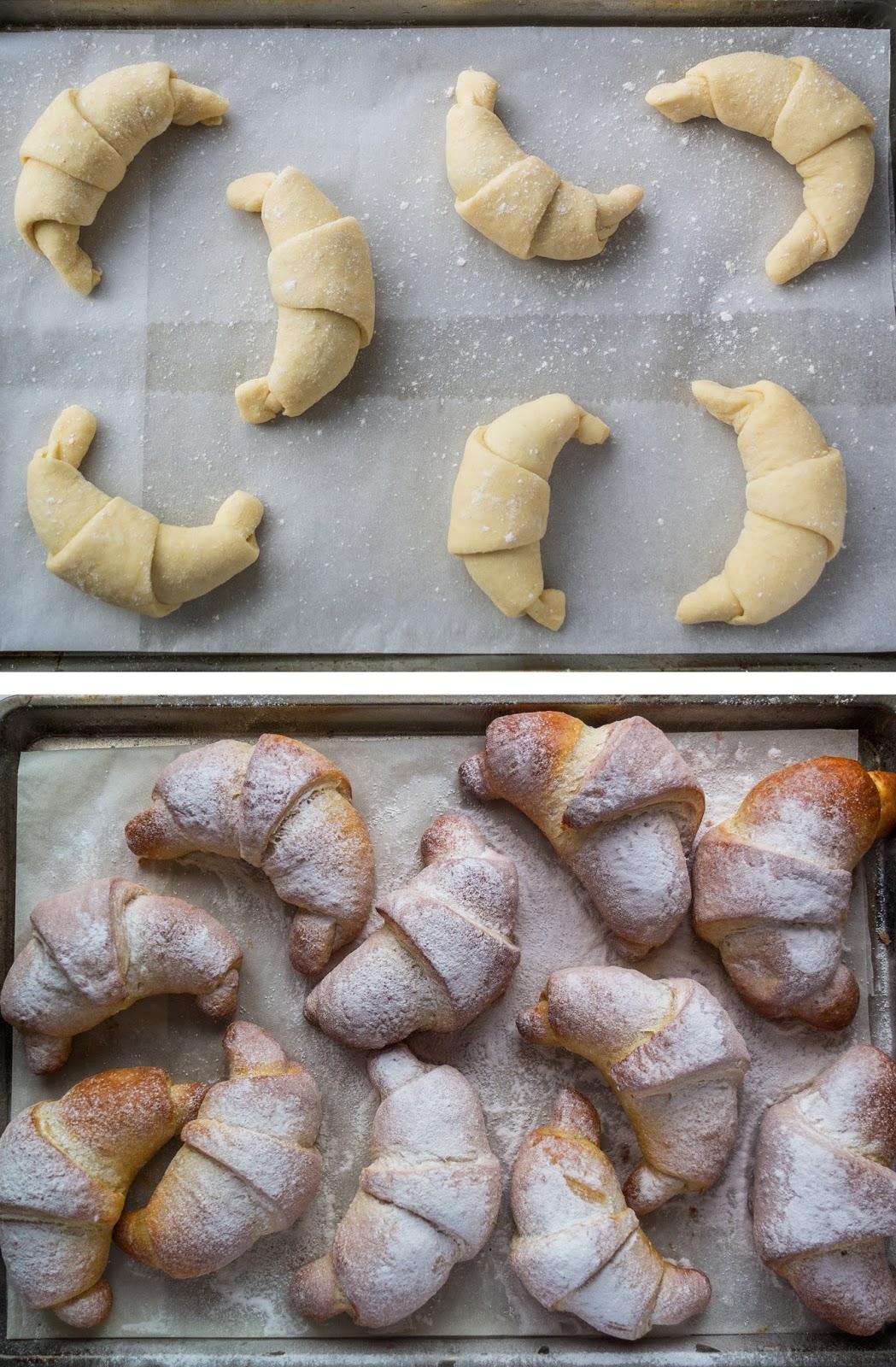 Nutella crescents before and after being baked on a silver tray.