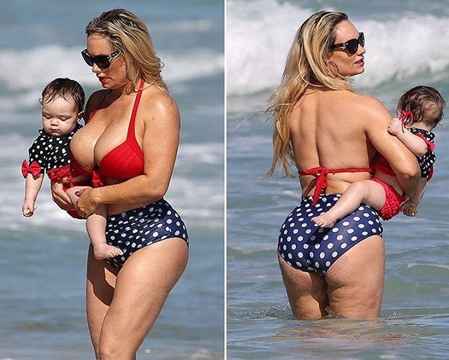 Coco and daughter baby chanel in marching swimsuit beaching. 