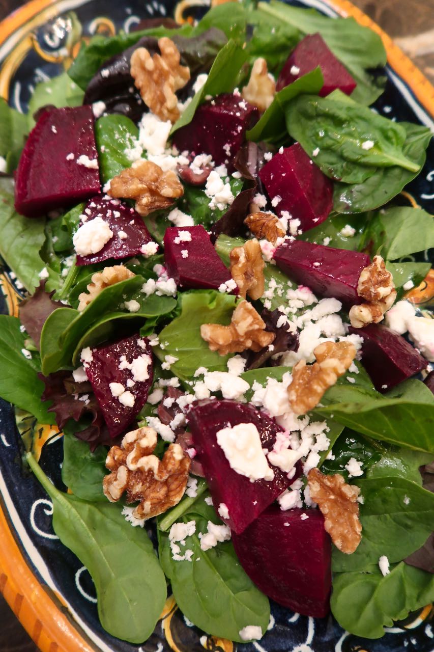 Scrumpdillyicious Roasted Beet & Spinach Salad with Walnuts and Feta