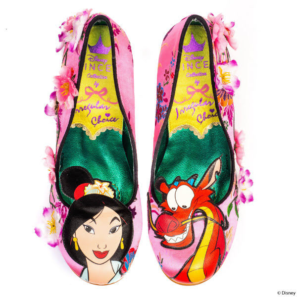 Irregular Choice Let Dreams Blossom lining pink court shoes with green and yellow lining and Mulan characters on toes