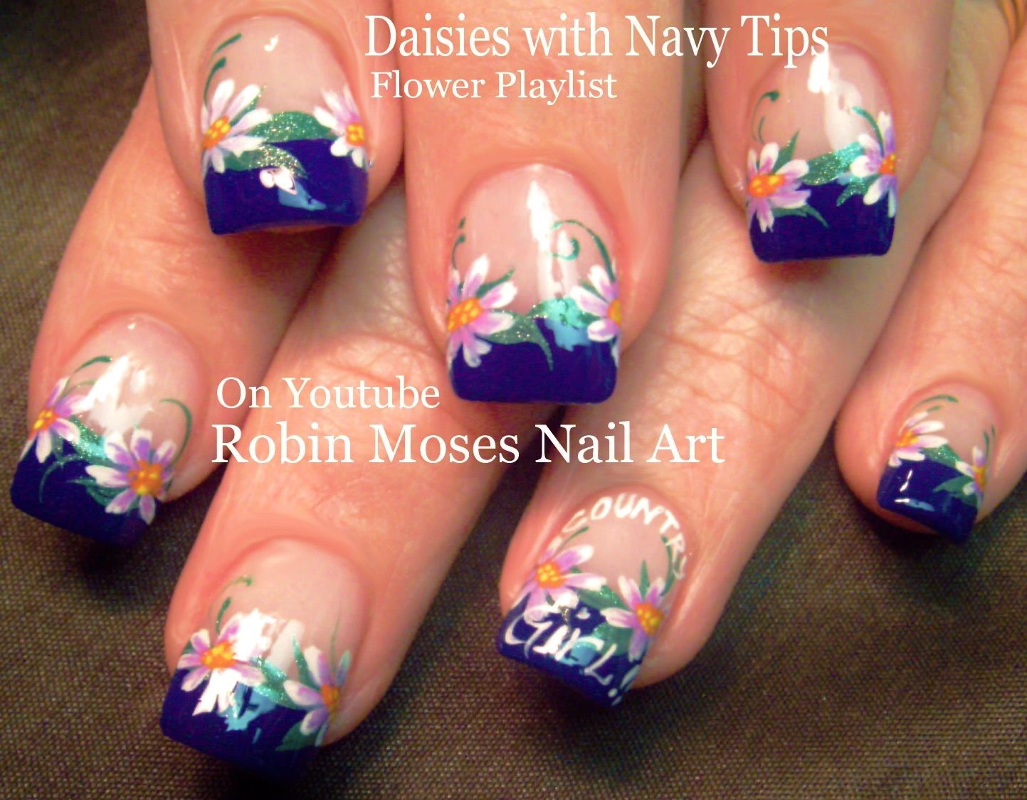 Nail Art by Robin Moses Daisy Nail Art on Navy Blue Tips! "navy blue