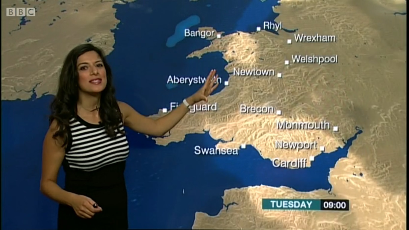 behnaz weather akhgar bbc regional caps stripy cheery monday wales