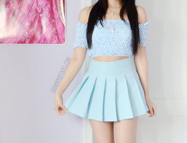 Dresslink Fashion Review: Crop Tops, Blouses, + More! A pastel, summer outfit featuring a light sky blue pleated tennis skirt from Fusion Republic, cropped off-shoulder geometric tribal top from Dresslink, and layered necklace.