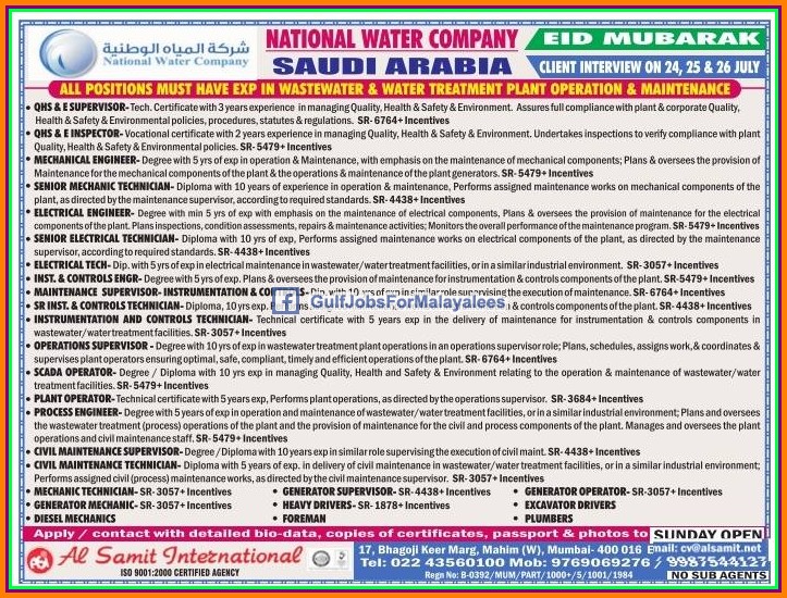 National Water Company Jobs for KSA Large job vacancies Gulf Jobs for