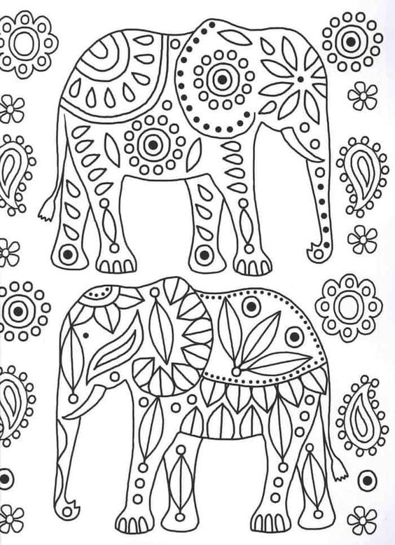 Tranh tô màu hai chú voi được vẽ trang trí họa tiết lá