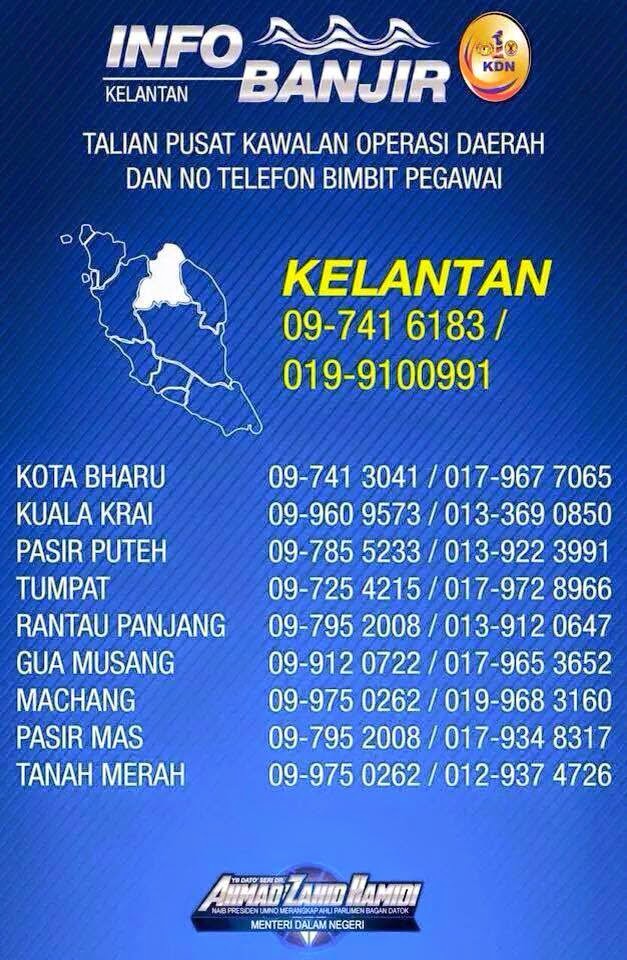 Nombor Telefon Bilik Gerakan Banjir Tempatan Terengganu, Kelantan & Pahang #Banjir2014 #PrayForPantaiTimur 