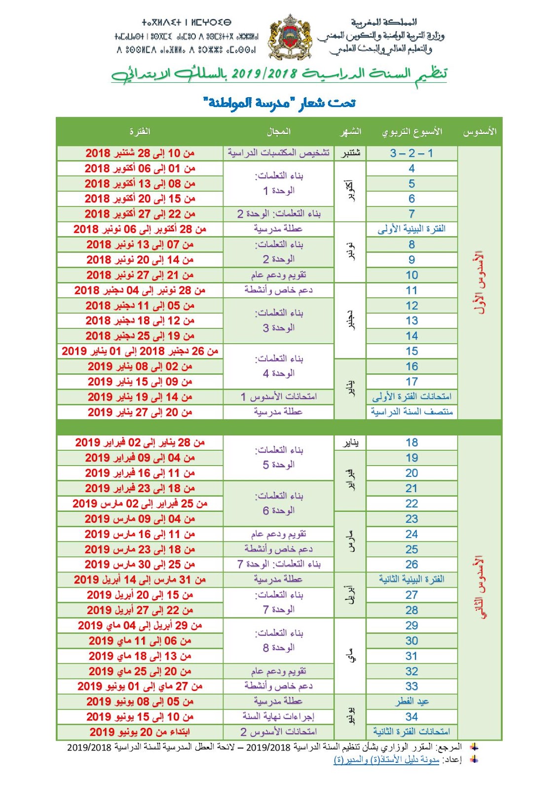 تنظيم السنة الدراسية 2018/2019 . تـربـوي تـكويـنــي تنظيم السنة الدراسية 2018/2019 . تـربـوي تـكويـنــي
