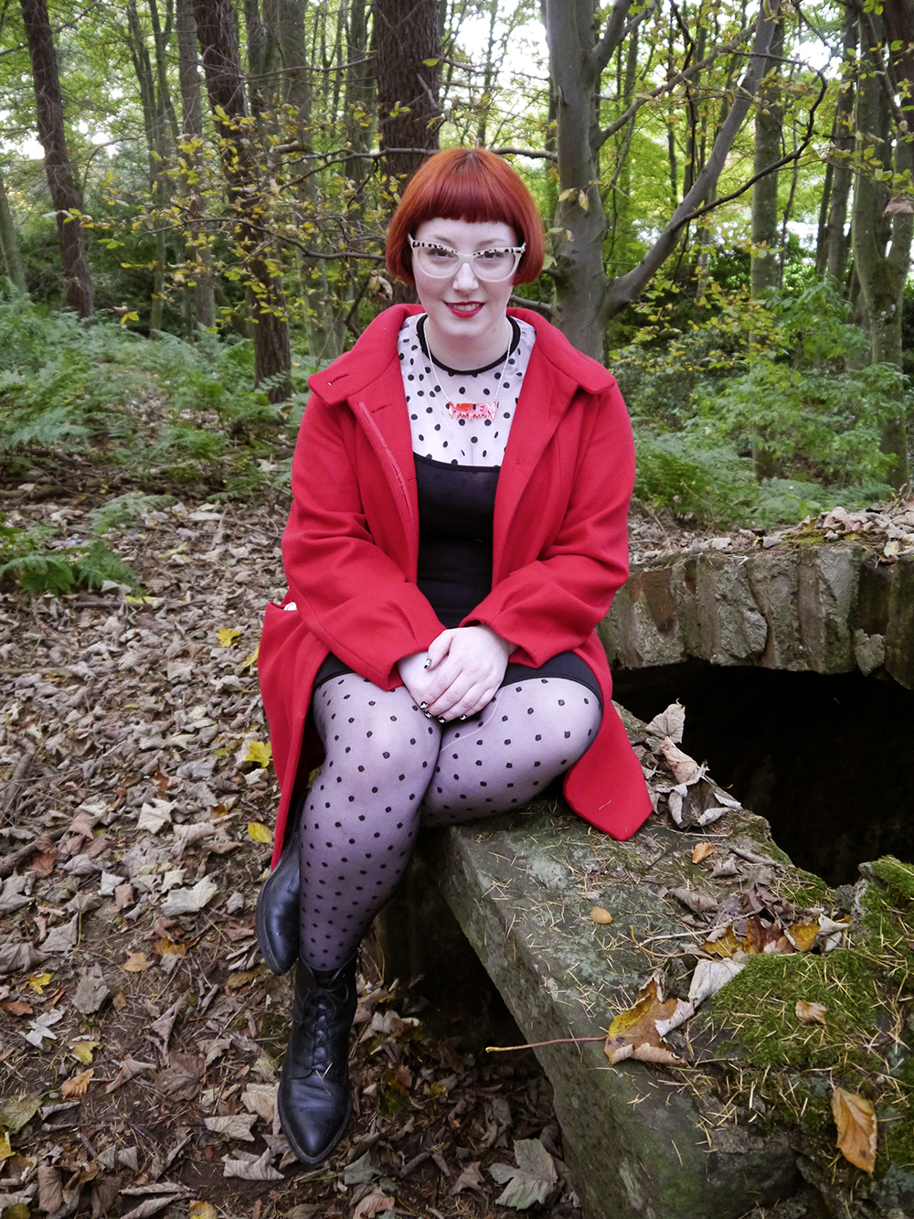 Post Halloween horror outfit Styled by Helen, Wardrobe Conversations, Scottish blogger, Dundee blogger, red head, ginger bob, red hair, Spex Pistols glasses, horror jewellery, Halloween jewellery, Sugar & Vice, red coat, winter coat, polka dot outfit, monochrome outfit, winter outfit, autumn style, Ted & Muffy boats, charity shop style, Hayley Scanlan tshirt dress, name necklace, personalised jewellery, Charleton farm