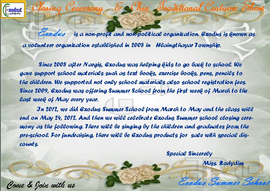Exodus Home: Invitation letter for Closing Ceremony & Chin Traditional