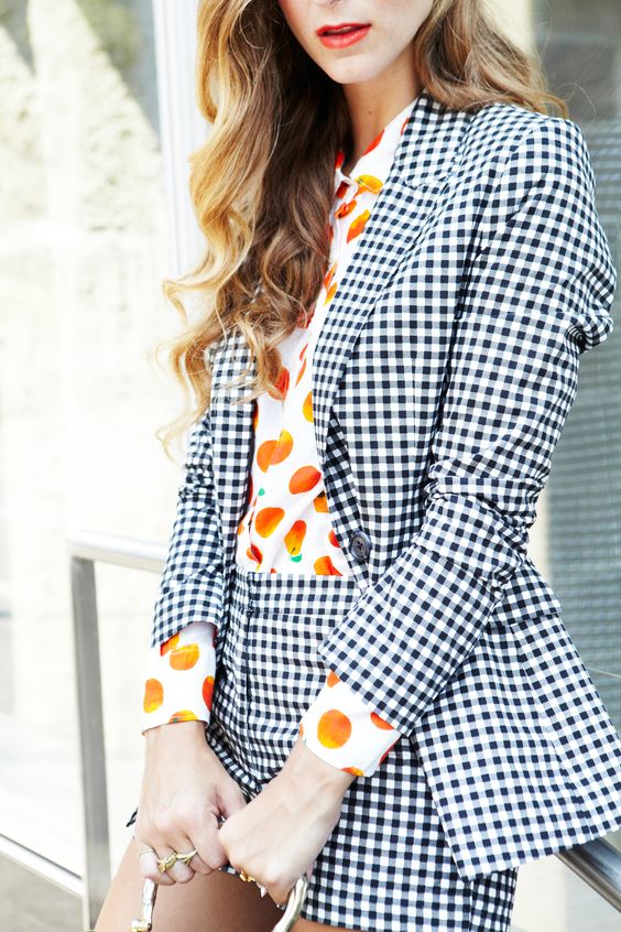 gingham blazer and pants styled with orange fruit print shirt outfit inspiration gingham blazer and pants styled with orange fruit print shirt outfit inspiration