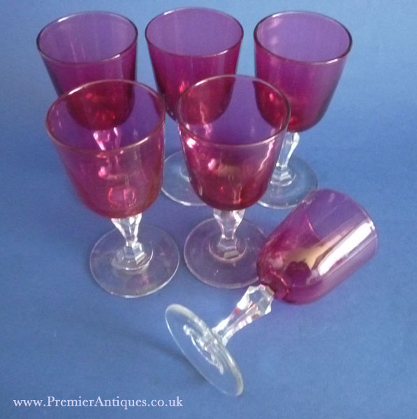 Premier Antiques Antique Cranberry Cut Stem Wine Glasses