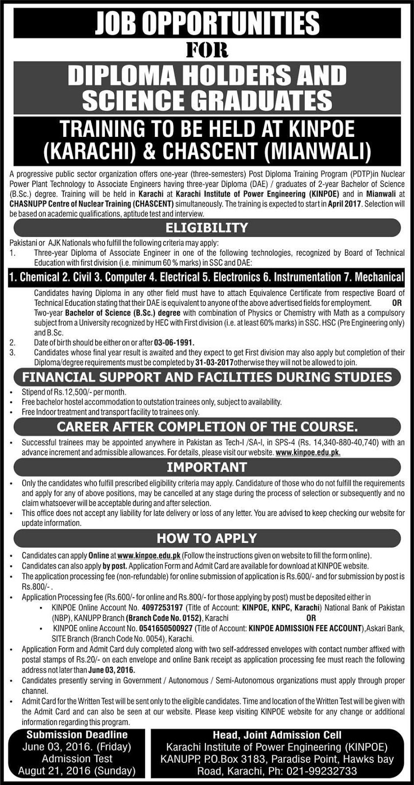 PAEC Jobs for Diploma Holders & Science Graduates PDTP 2016 Post