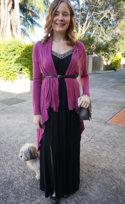 Maxi Dress in Autumn - belted purple cosy cardigan black ballet flats RM Love bag