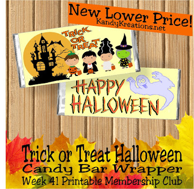 I love how cute these little trick or treaters are on this week's candy bar wrapper. They have no fear as they visit the spooky haunted house looking for Halloween candy and Halloween wishes. You can give them both with this fun Halloween Candy bar wrapper.