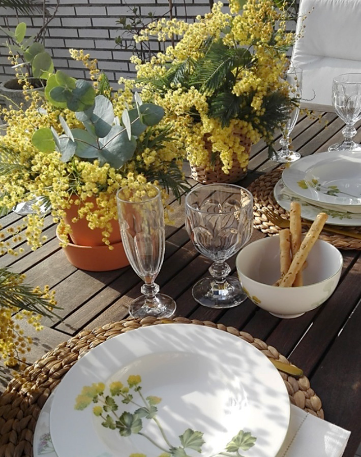 Mesa primaveral con mimosas