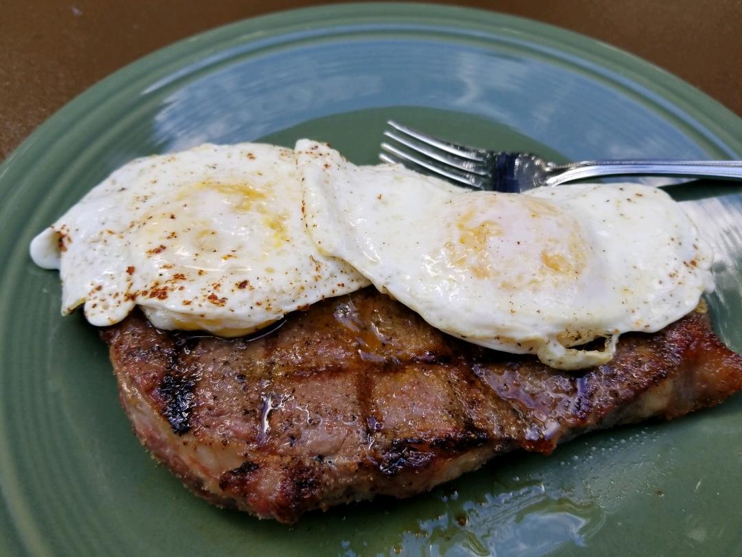 Fleur de Lolly Weekend Steak and Eggs Grilled Strip Steaks with Over