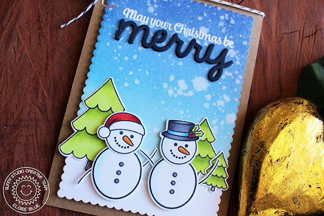 Sunny Studio Stamps: Christmas Icons Snowman Card by Eloise Blue (using Gleeful Reindeer, Merry Sentiments & Birthday Smiles).