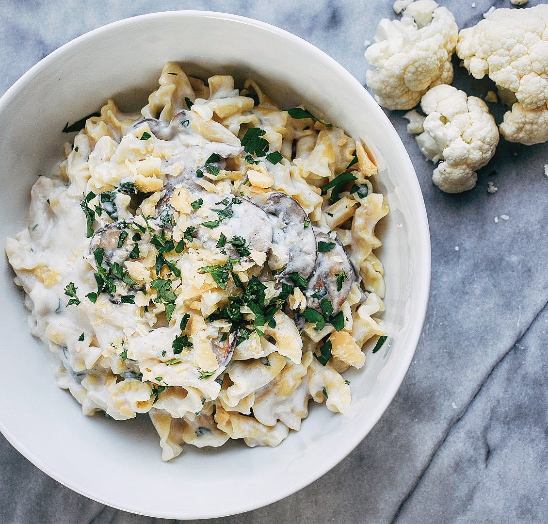 Cremini Mushroom Pasta with Cauliflower Alfredo Sauce Chef Jen