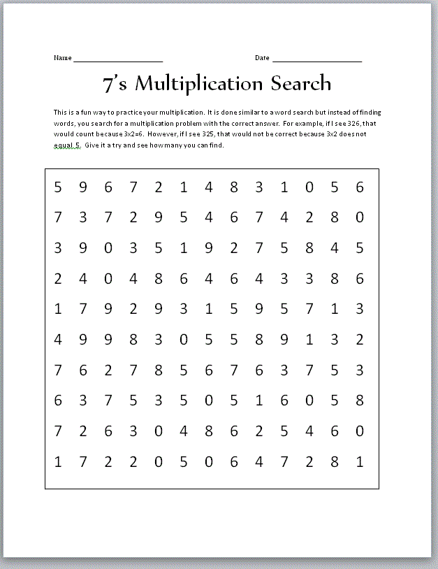 Free Multiplication Worksheets 7s