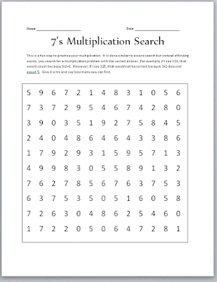 All Free Worksheets : Multiplication search 7's