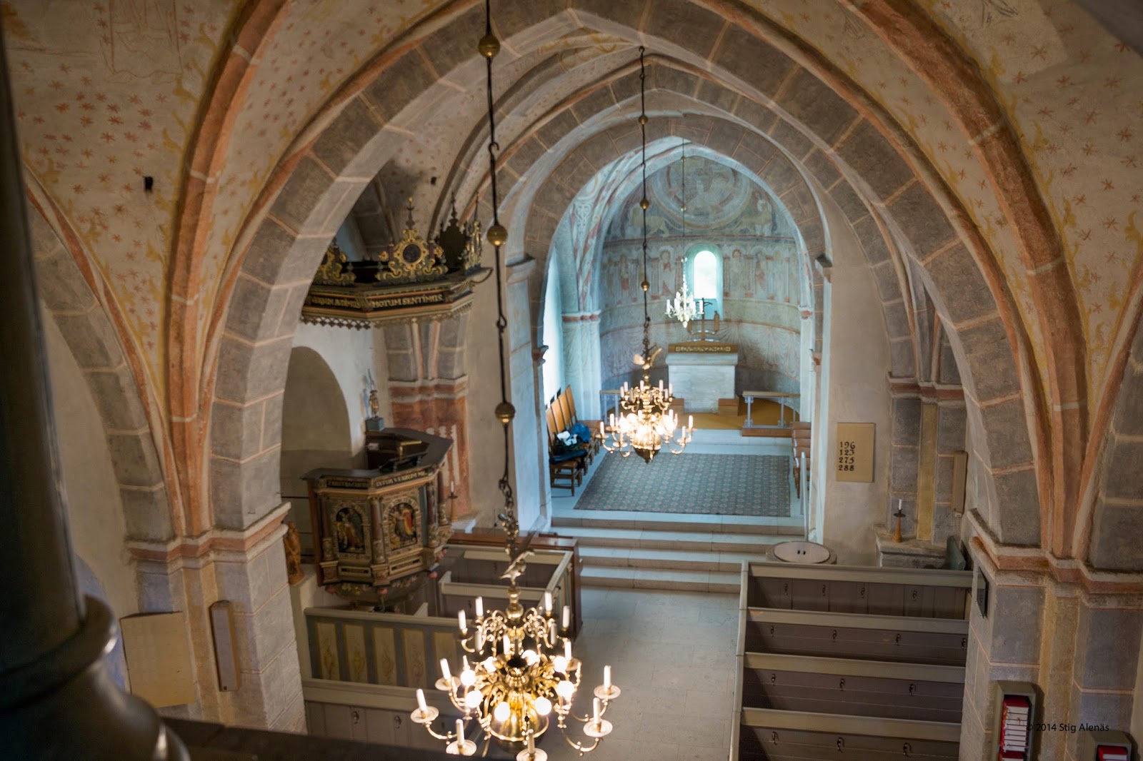 frescoes, apse, pulpit, landmark, god, roman, editorial, sweden, religious, historic, church, altar, architecture, interior, religion, vaults, romanesque, fjelie