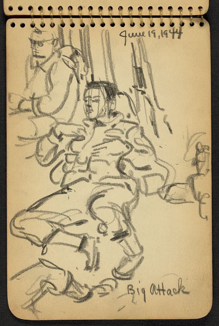 21-Year-Old WWII Soldier’s Sketchbooks Show War Through The Eyes Of An Architect - Soldier Lying On The Ground While Stationed At Fort Jackson, South Carolina
