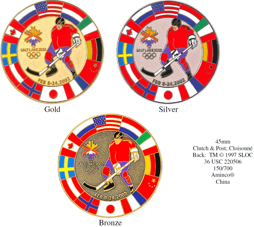 Olympic Hockey Pins 2002 Ice Hockey Gold/Silver/Bronze Medallion Pins