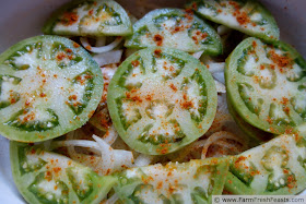 sliced green tomatoes and white onions sprinkled with curry powder in a casserole dish