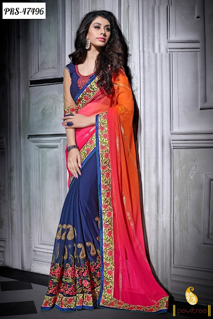 diwali and karva chauth festival 2015 discount offer on pink georgette designer saree online shopping at pavitraa.in