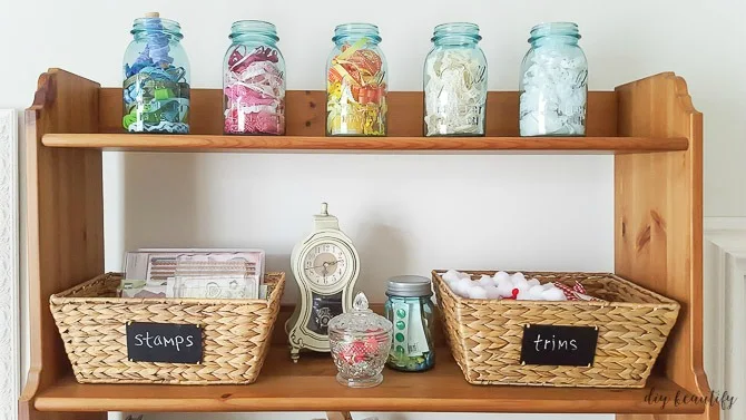 mason jars and baskets hold craft items