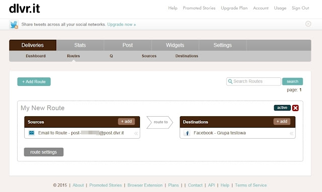 Ustawienia Route w Dlvr - dodawanie postu za pomocą maila facebook