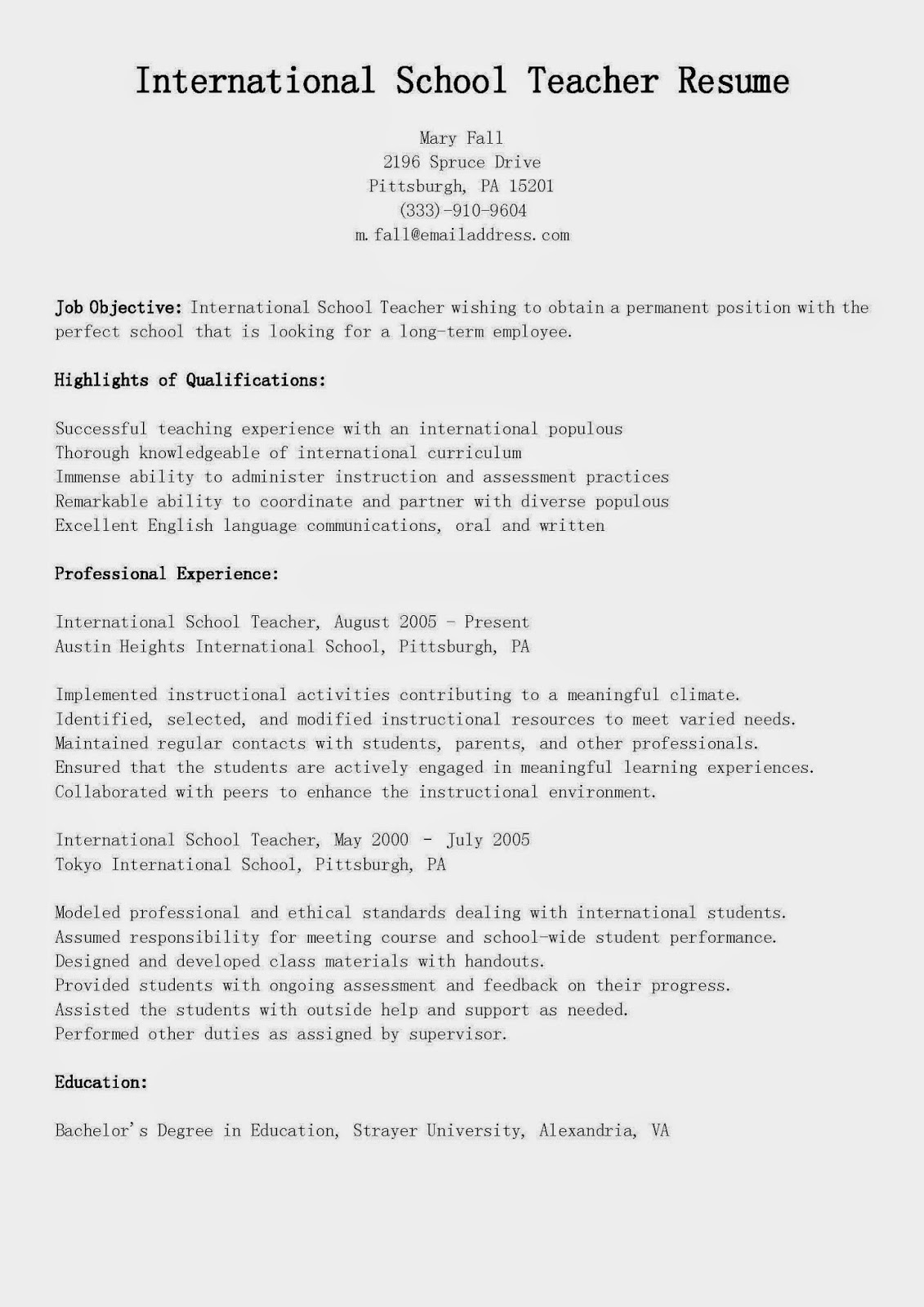 Resume Samples: International School Teacher Resume Sample
