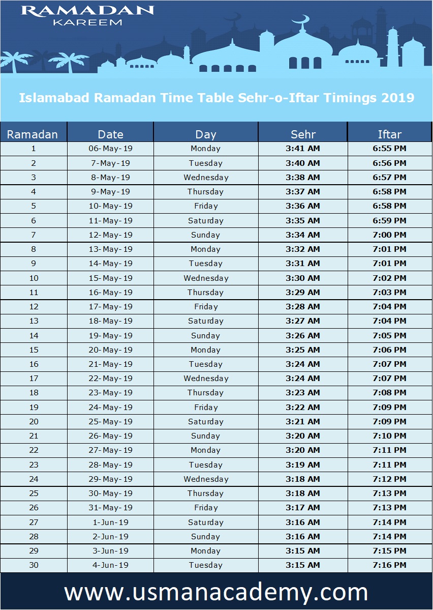 Ramadan 2019 Timings Calendar Schedule Ramazan Sehar O