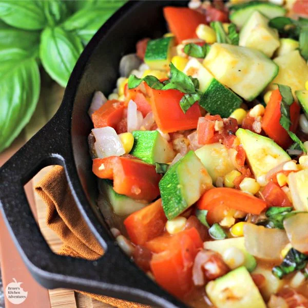 Summer Vegetable Saute | by Renee's Kitchen Adventures - Quick, healthy recipe for an easy vegetable side dish made with summer's bounty: fresh corn, peppers, zucchini and tomatoes! 