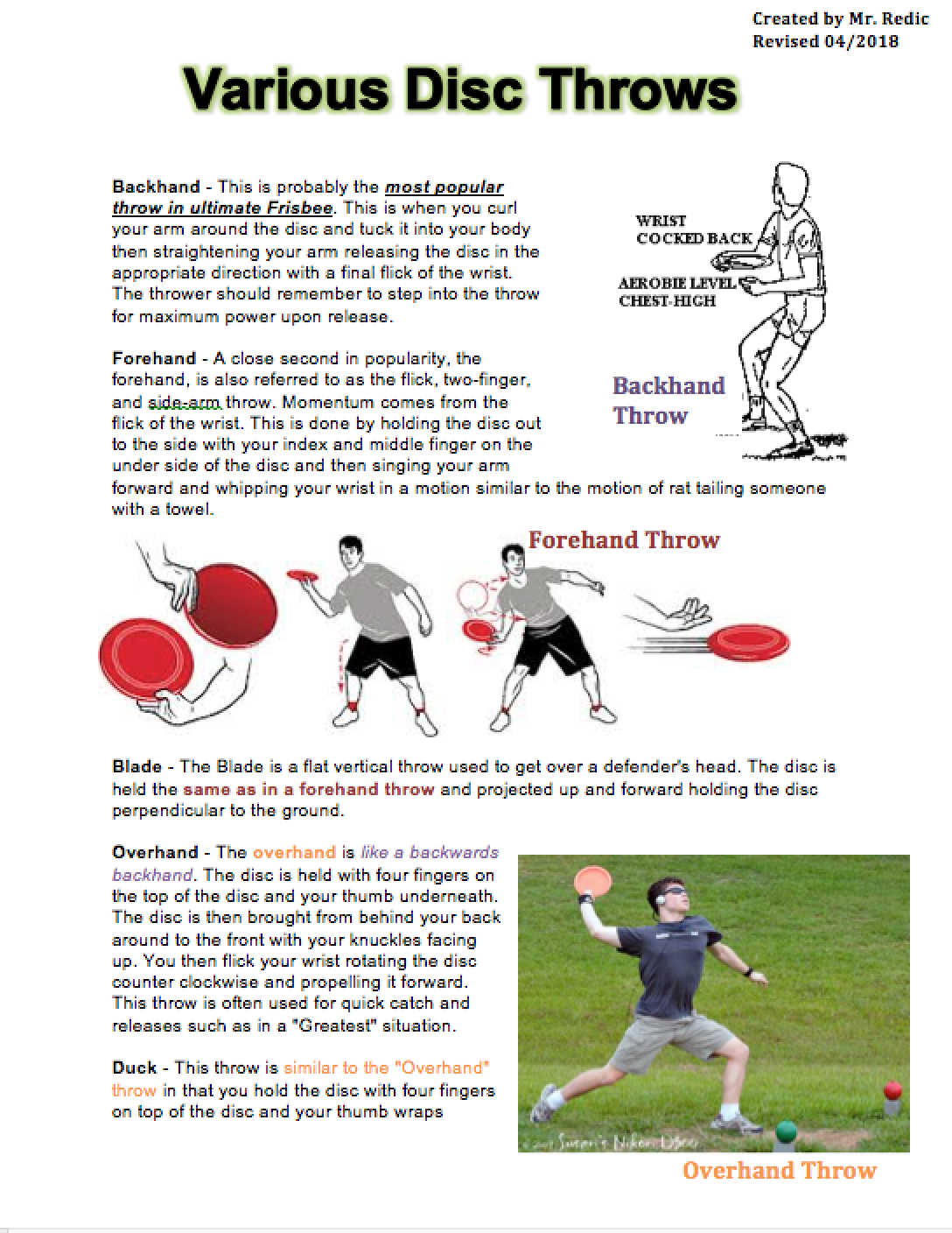 Mr. Redic's Physical Education Site Various Disc Throws