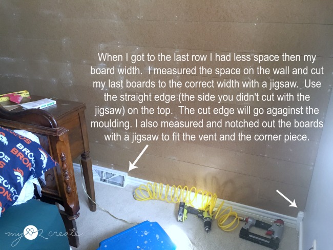 cutting bottom plank to fit on plank wall, and notching out for vent and moulding